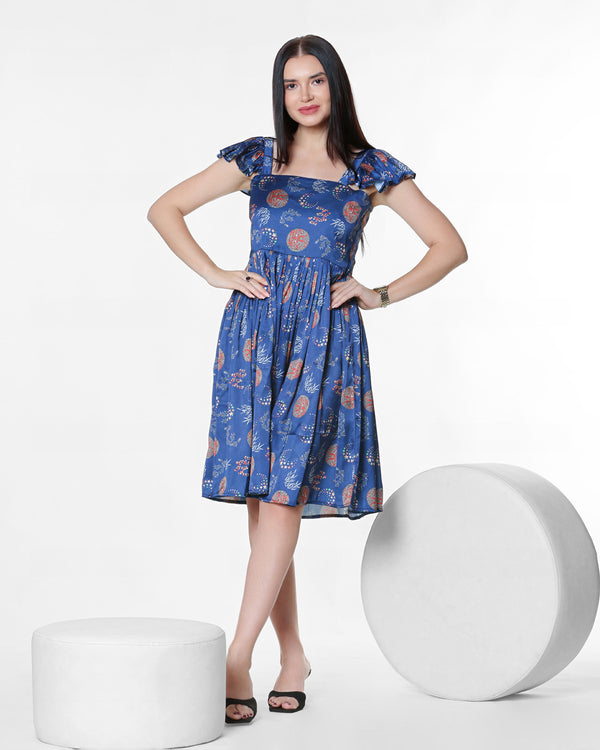 Blue Floral Print Midi Dress