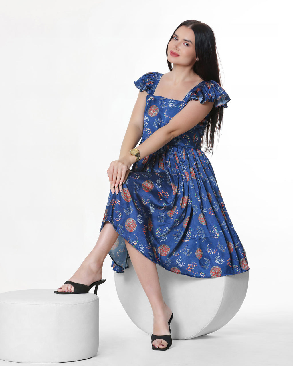 Blue Floral Print Midi Dress