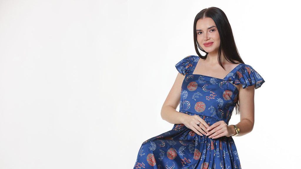 Blue Floral Print Midi Dress