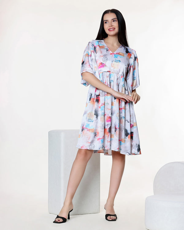 White Abstract Printed Midi Dress