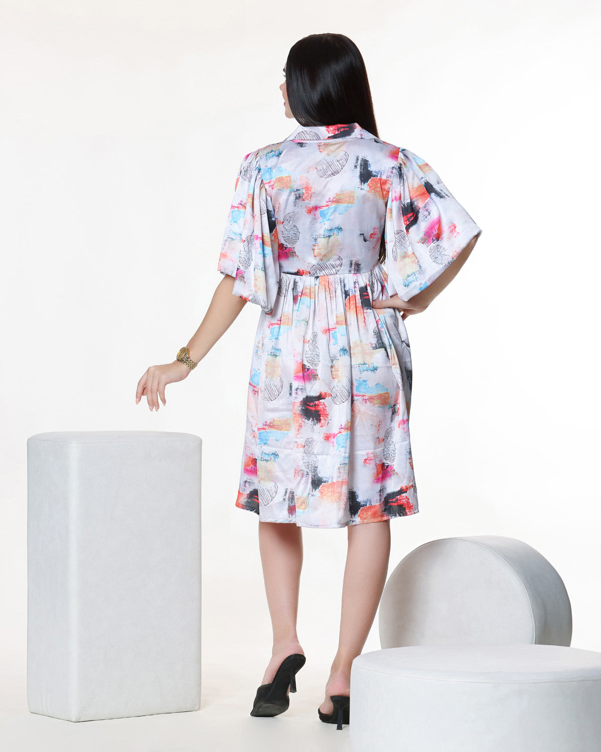 White Abstract Printed Midi Dress