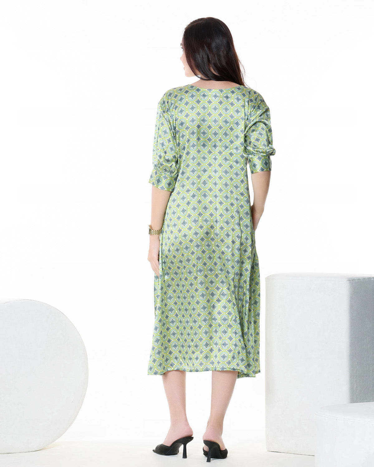 Green Geometric Print Satin Midi Dress