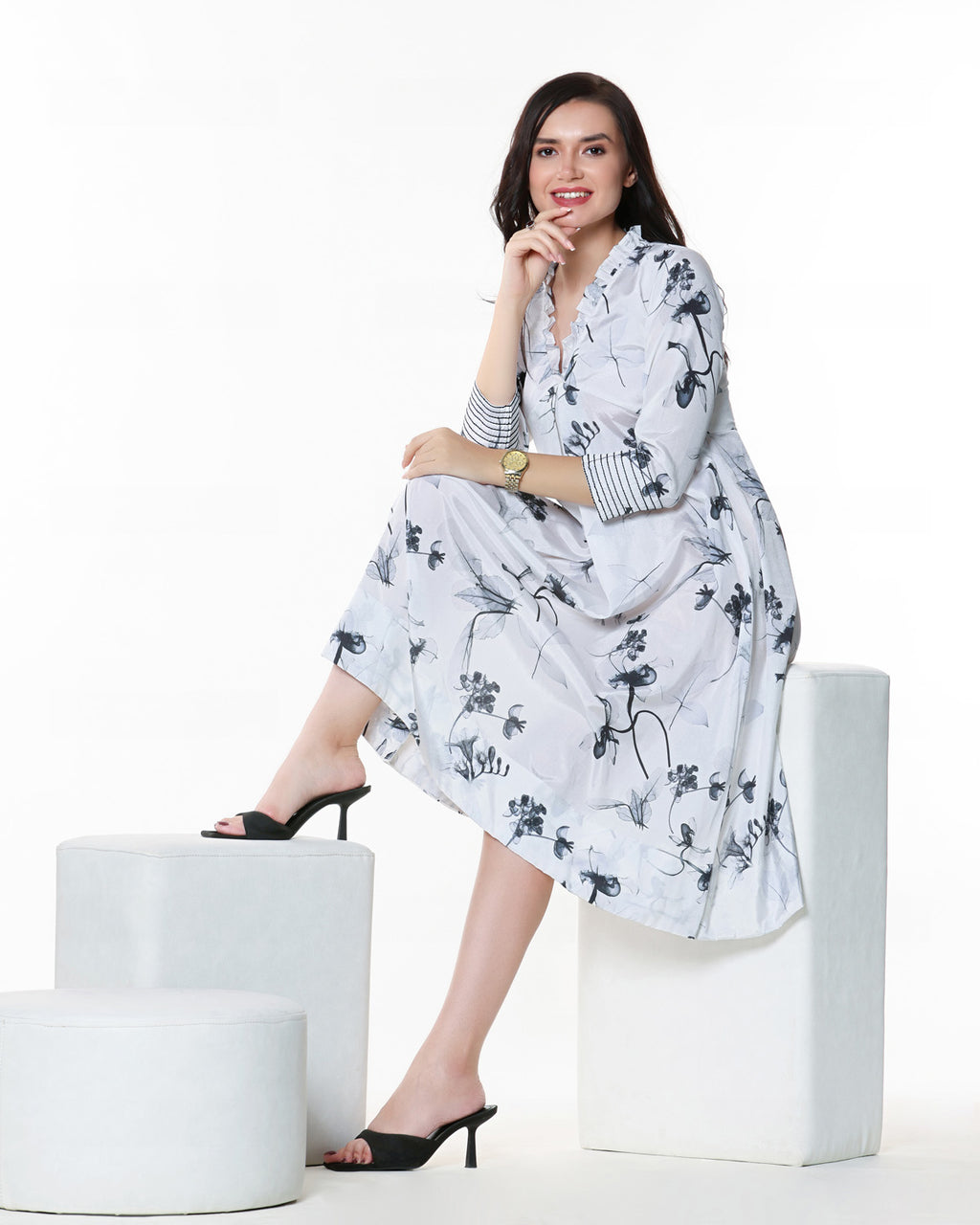 White Floral Midi Dress