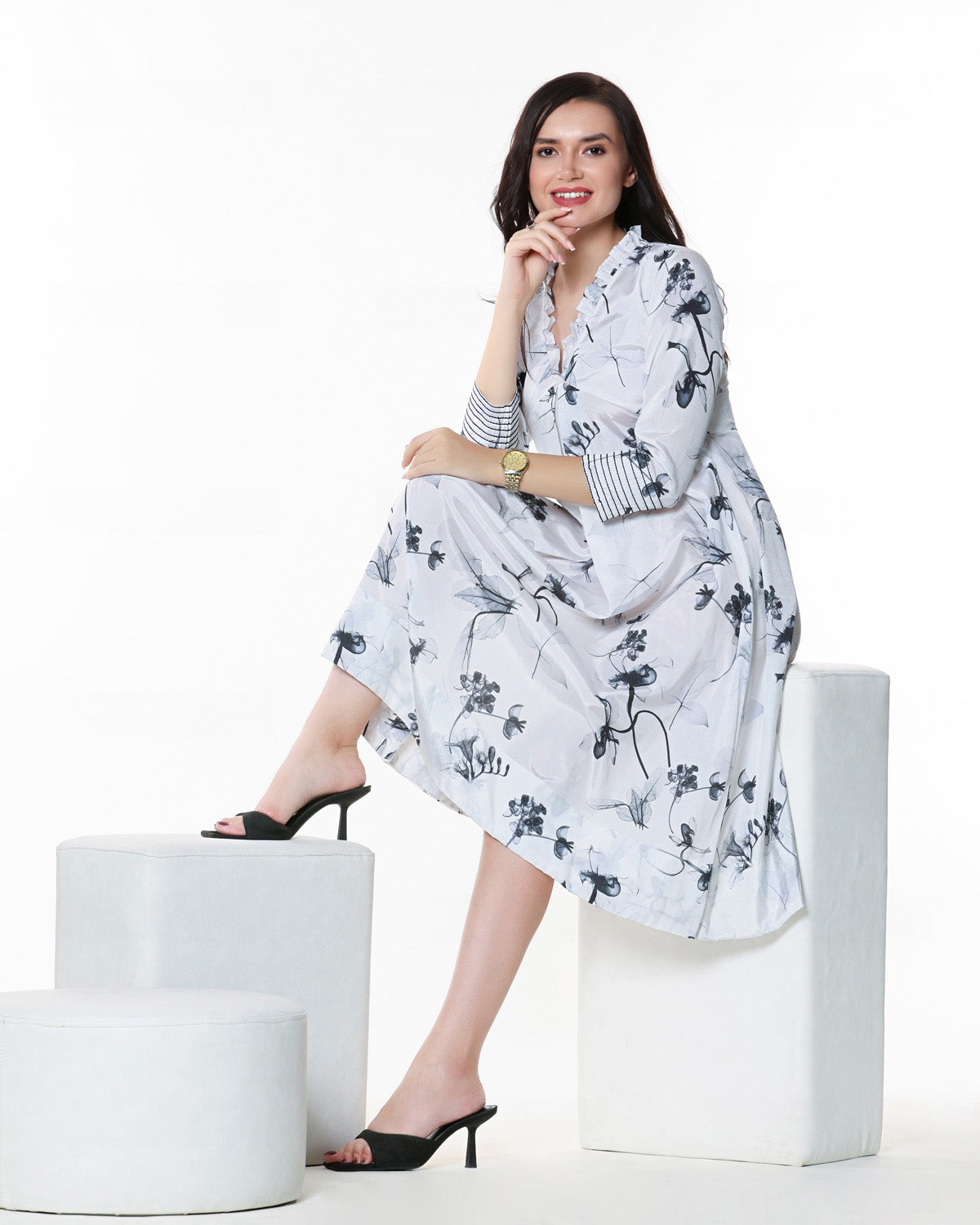 White Floral Midi Dress