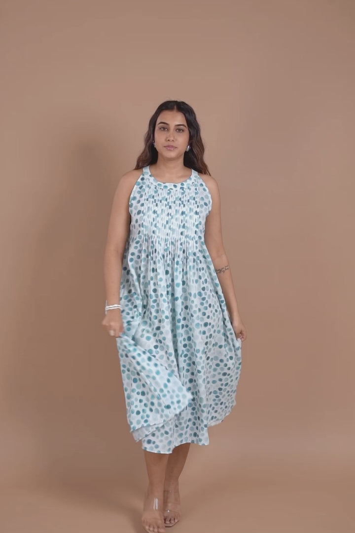 Pleated Blue Dot Midi Dress