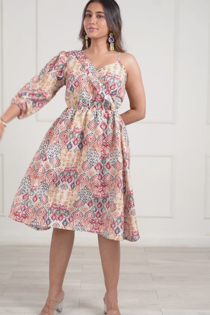 One Shoulder Printed Midi Dress