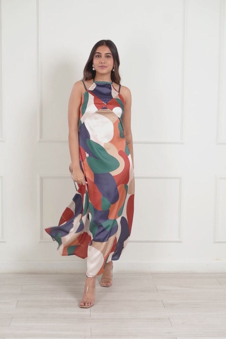 Abstract Print Satin Maxi Dress