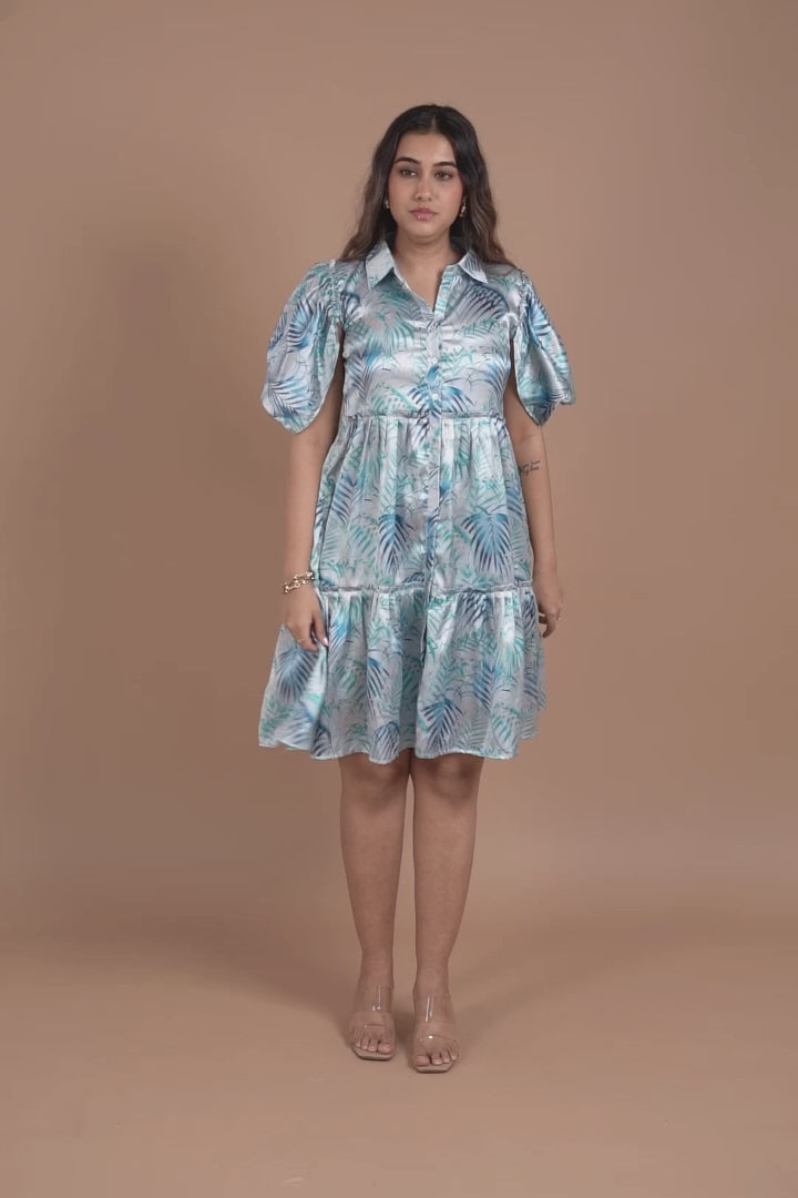 Blue Floral Puff Sleeve Mini Dress