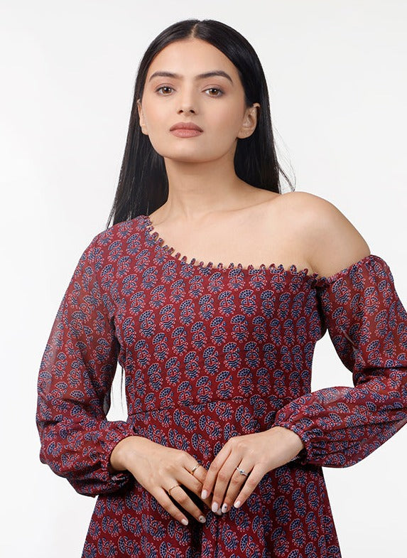 Ajrak Rust Print Dress by aaRVee Studio. Shop @ www.aarveestudio.com