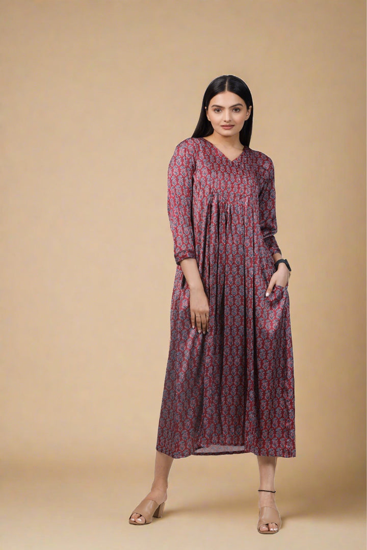 Ajrak Rust Print Maxi Dress by aaRVee Studio. Shop @ www.aarveestudio.com