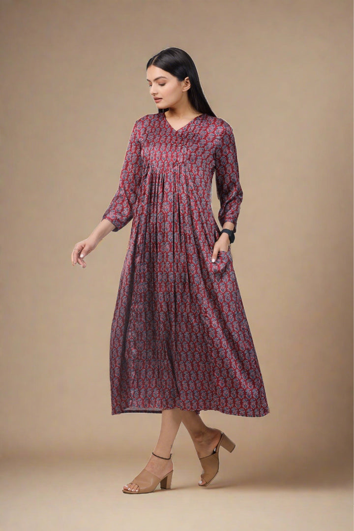 Ajrak Rust Print Maxi Dress by aaRVee Studio. Shop @ www.aarveestudio.com