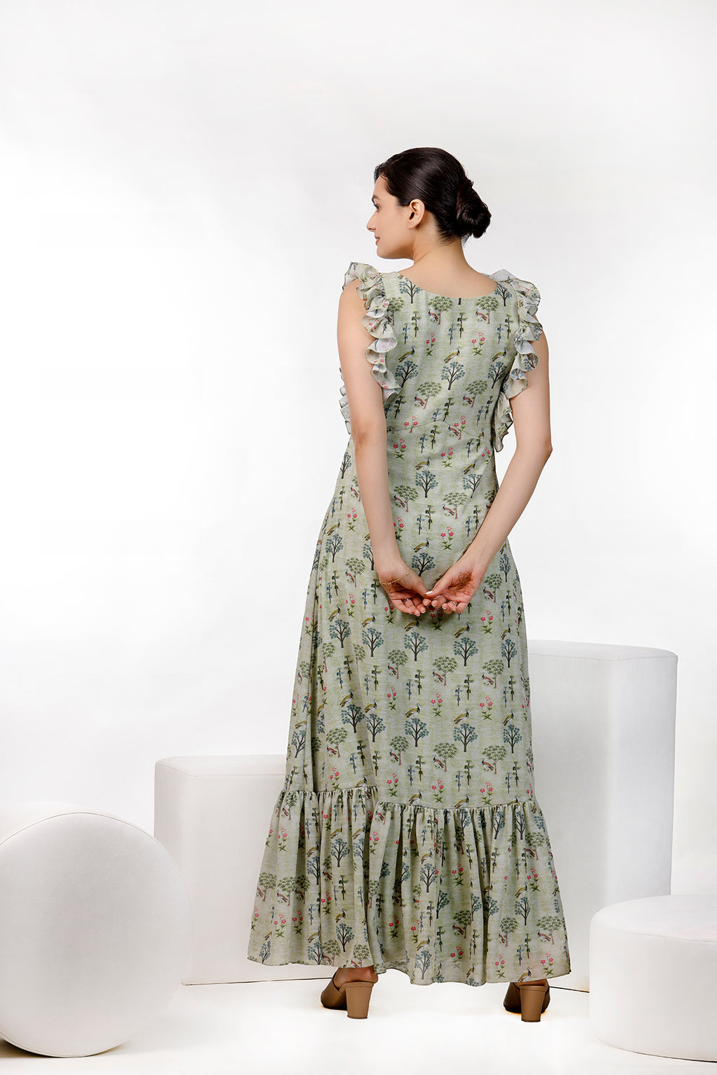 Pista Green Floral Print Maxi Gown by aaRVee Studio. Shop @ www.aarveestudio.com