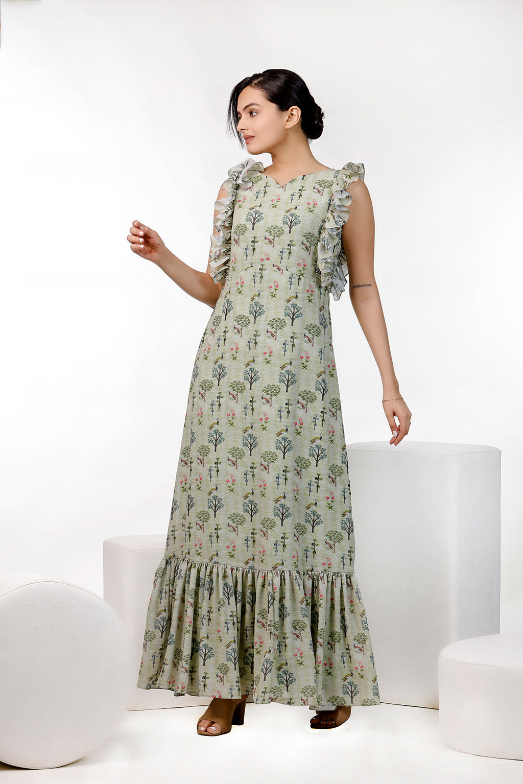 Pista Green Floral Print Maxi Gown by aaRVee Studio. Shop @ www.aarveestudio.com
